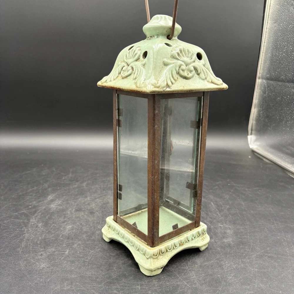 Vtg Heavy Sage Green Ceramic and Metal Glass Candle Lantern Rustic Decor Patina